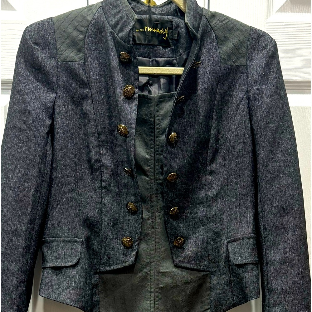 “In The Runway”, Lg, long sleeve, short waist, dbl button, grey lined. Jacket